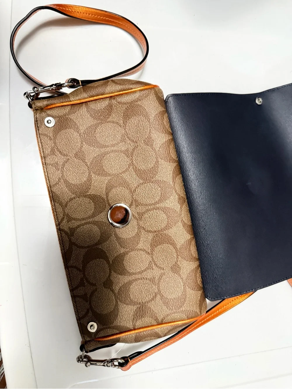 Brown and Black Crossbody Bag with Orange Accents grey reversible